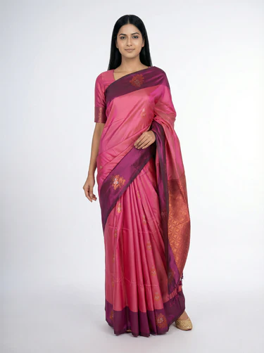 Art Silk Womens Pinkish Saree with Butta Work & Wine Border